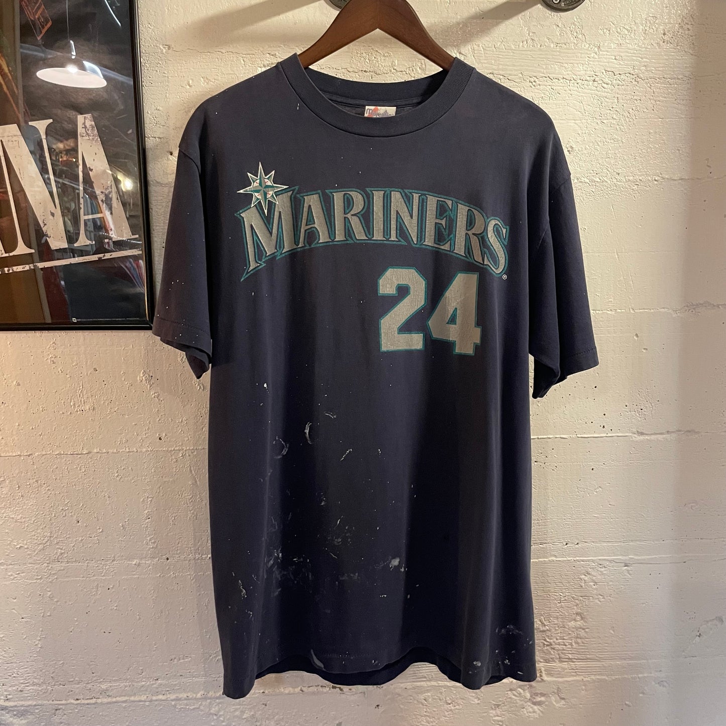 Vintage 90’s Distressed Seattle Mariners MLB ‘Griffey #24’ Single Stitch T-Shirt - Size Large - Made In USA - Navy/Teal/Silver