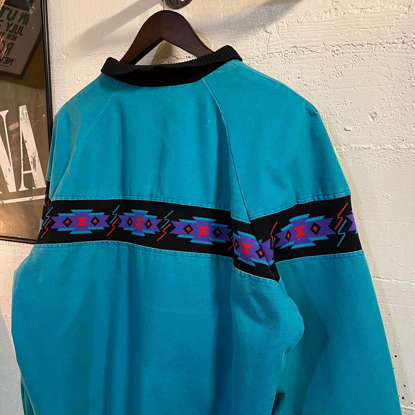Vintage David James Aztec Blanket Lined Canvas Bomber Jacket - Size Large - Made In USA - Turquoise/Black