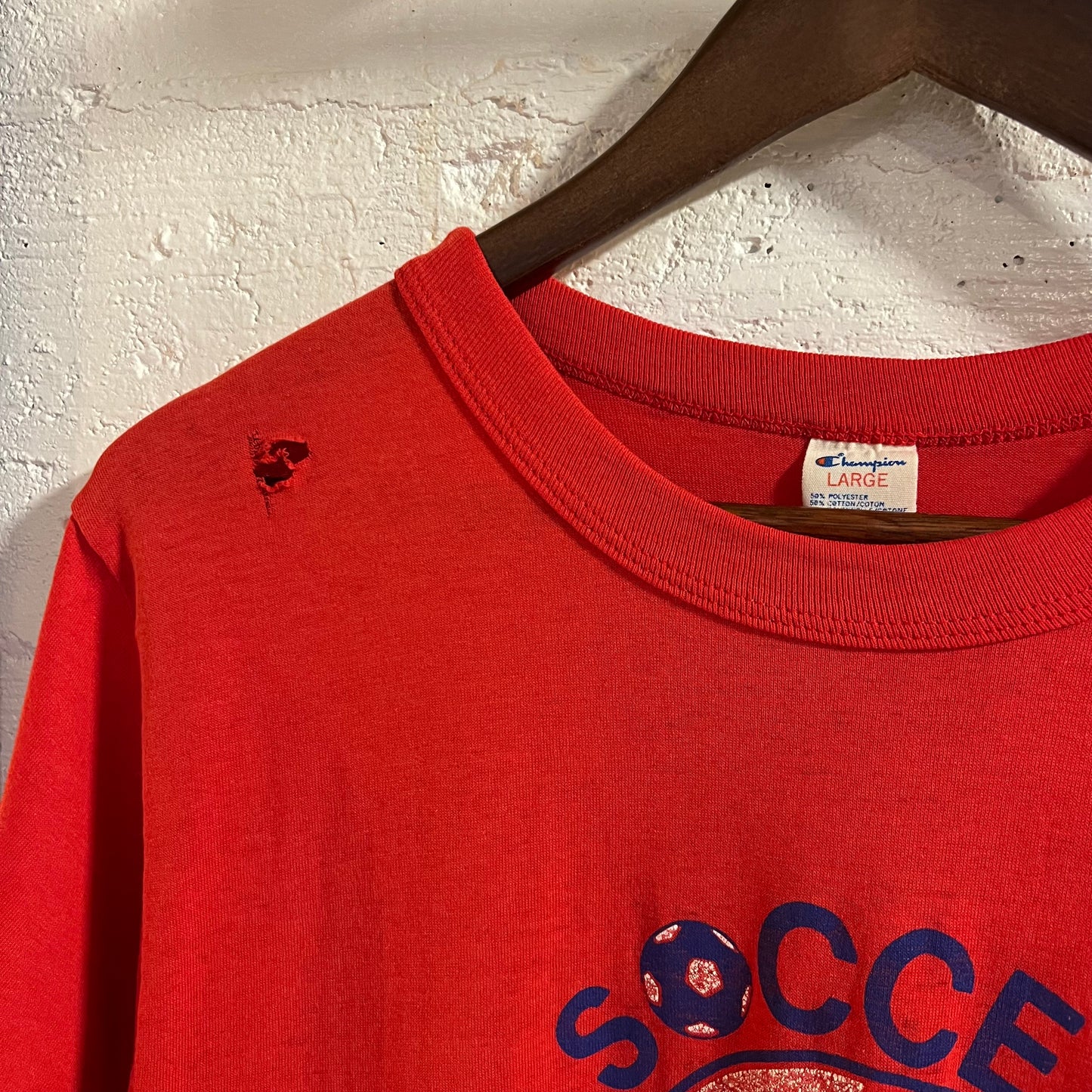 Vintage 80’s Distressed Champion Connecticut Soccer School Single Stitch T-Shirt - Size Large - Made In USA - Red/White/Blue
