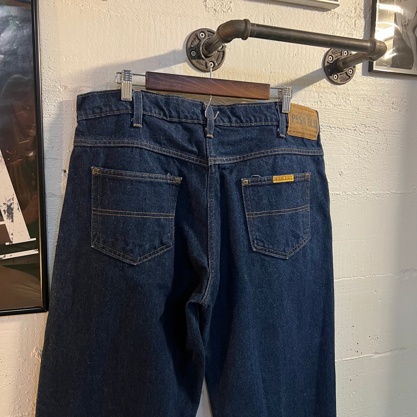 Vintage 90's Prison Blues Raw Denim Relaxed Fit Jean - Size 38" x 29" - Made In USA - Dark Raw Indigo