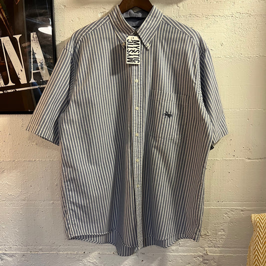 Vintage 90's Nautica Small Logo Embroidered Vertical Striped SS Oxford Shirt - Size Large - Blue/White