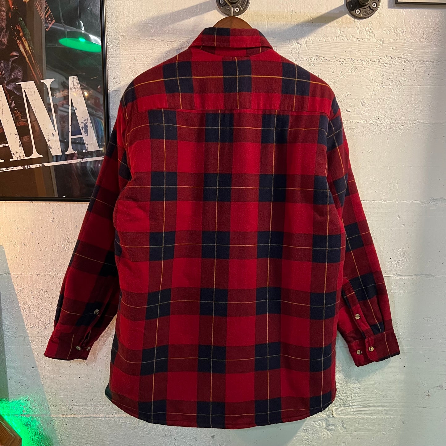 Vintage 90's Quilted Heavyweight Plaid Flannel Overshirt - Size Large - Maroon/Navy Plaid