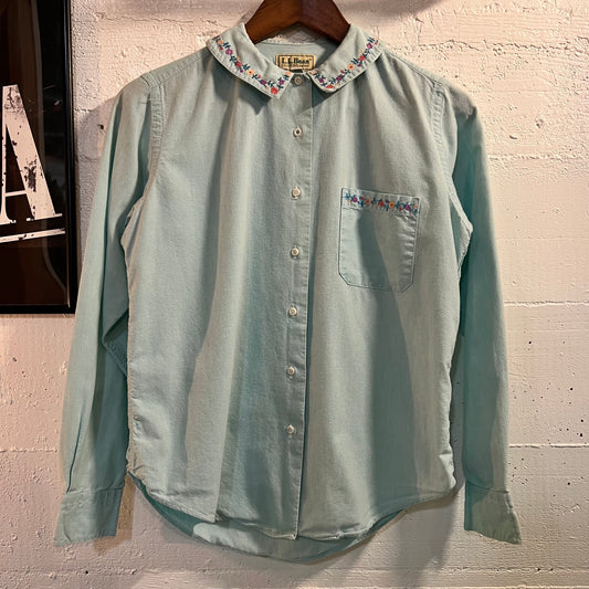 Vintage 90's L.L. Bean Womens Floral Embroidery Button Up Shirt - Size Small (6) - Made In USA - Light Blue