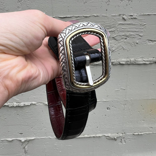 Vintage Faux Alligator Reversible Women's Leather Rodeo Style Belt - S/M (28"-32") - Black/Amber