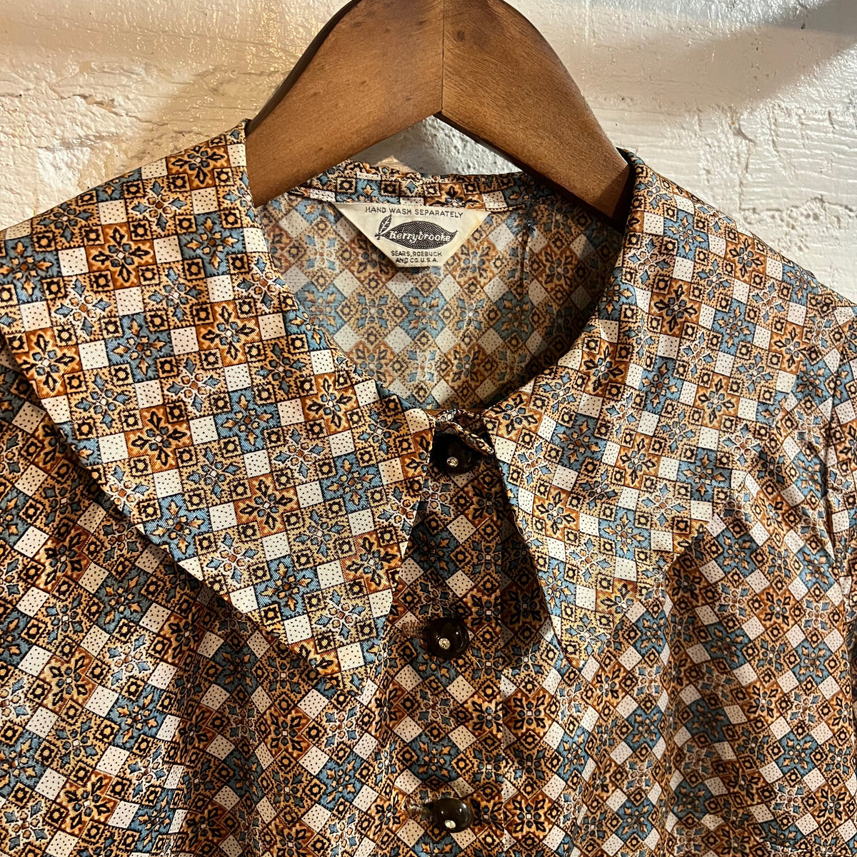 True Vintage 1960's Kerrybrooke Sears Roebuck And Co. Mid Length Geometric Tile Pattern Shirt Dress - Size Large - Made In USA