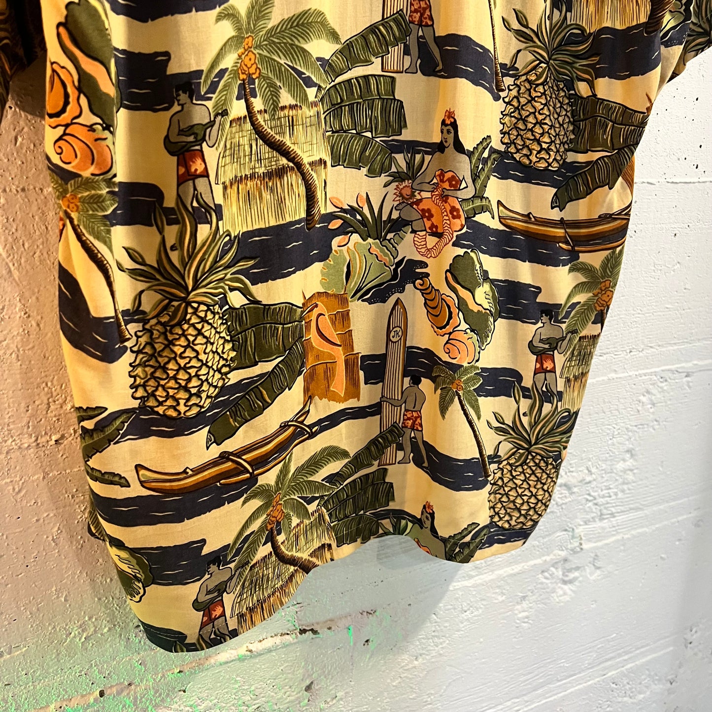 Vintage Joe Kealoha Hula Girl Surfer Rayon Aloha Shirt - Size Medium - Made In USA - 100% Rayon