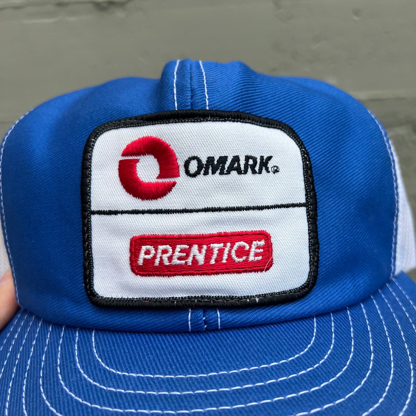 Vintage 70's/80's Prentice Omark Louisville Mfg. Co Mesh Back Trucker Hat - O/S - Made In USA - Blue/White