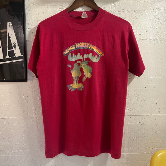 Vintage 80’s Wanna Moose Around? Vinyl Graphic Single Stitch T-Shirt - Size M/L - Reddish  Pink