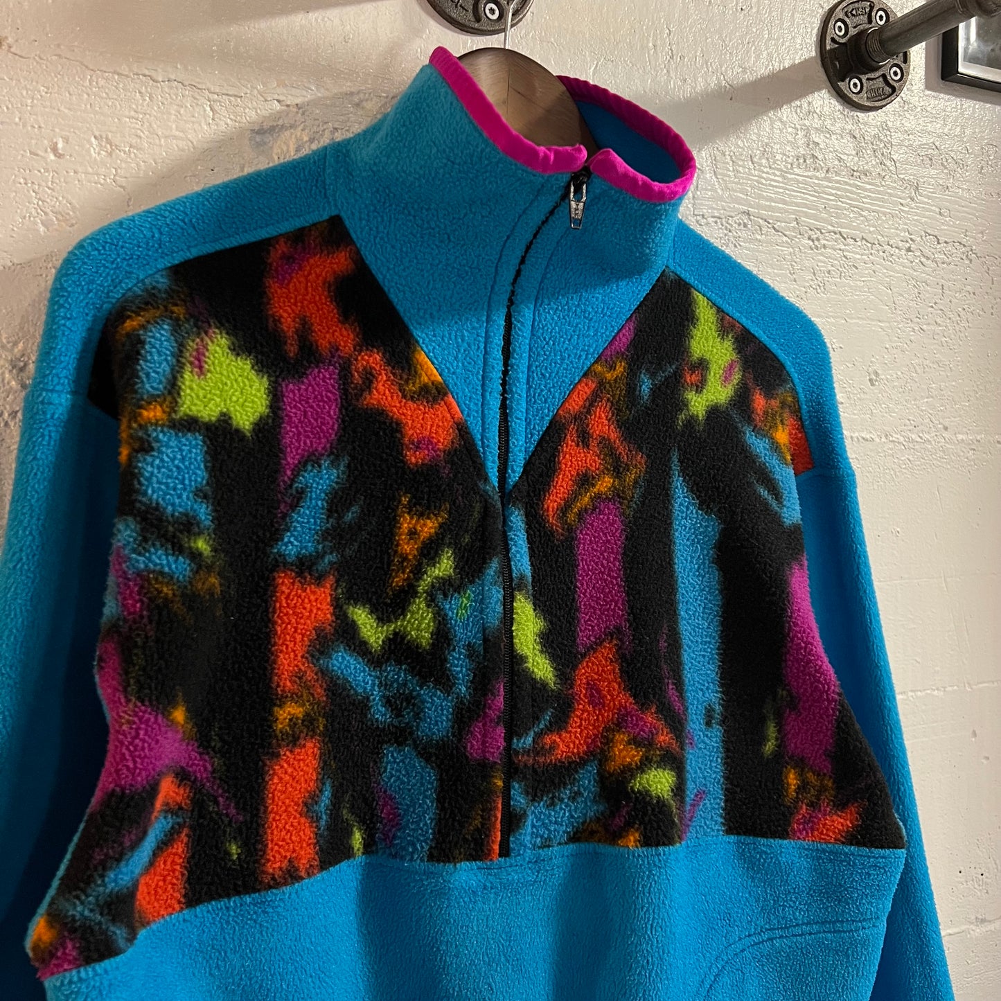 Vintage 80’s Sylvan Peak Ent. 1/4 Zip Fleece Pull Over Jacket - Size Medium - Made In USA - Blue/Black/Pink/Multi