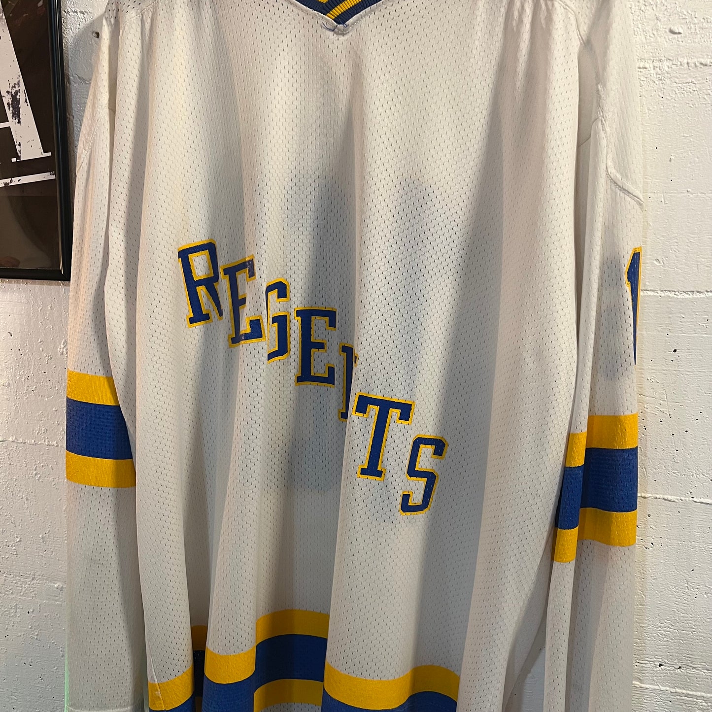 Vintage 1980's Champion Regents Hockey Jersey - Size XL (48) - Made In USA - White/Blue/Yellow