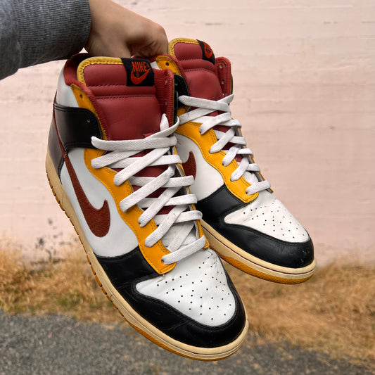 Vintage Worn 2007 Nike Dunk High - Size 12M/13.5W - Black/Orange/Blaze-Pro Gold 309432-083