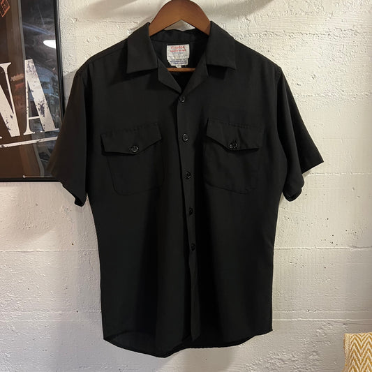 Vintage 70’s U.S. Naval Academy Creighton Perm Press Short Sleeve Button Up Shirt - Size Medium - Made In USA - Black
