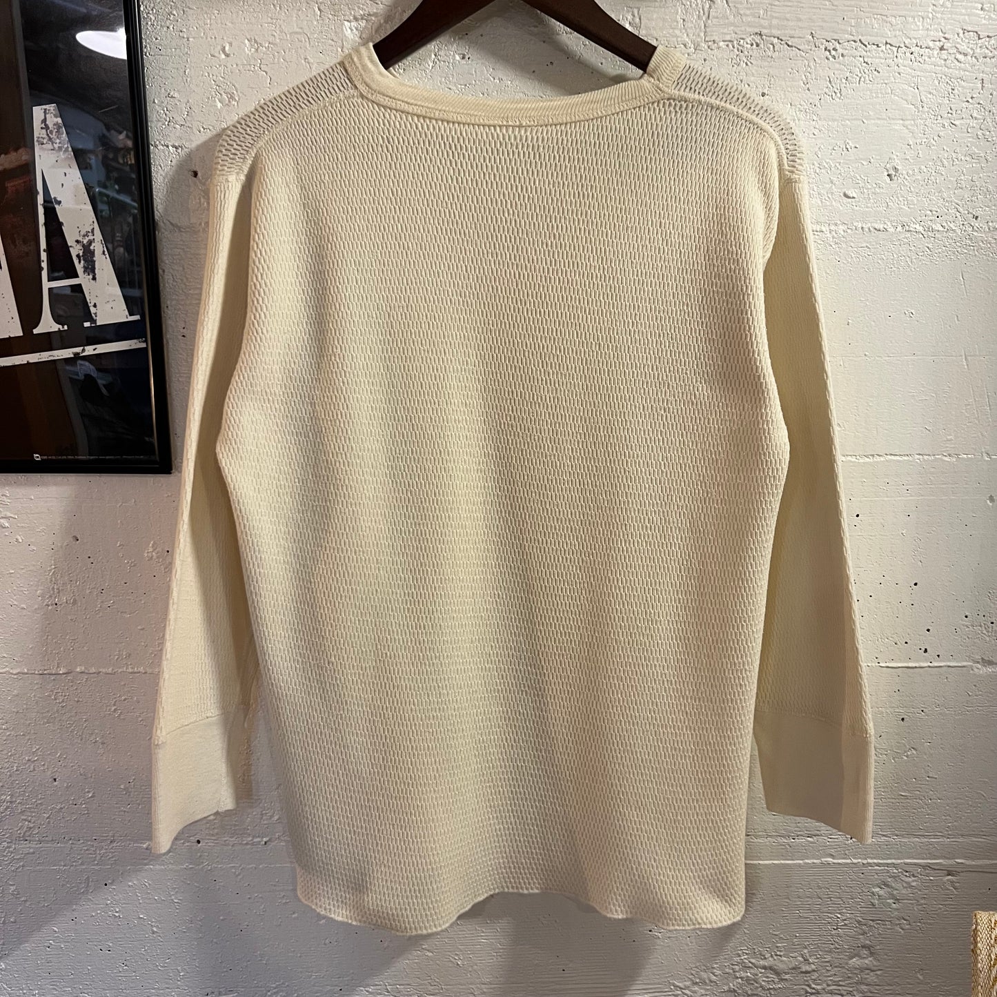 Vintage Waffle Knit Thermal Long Sleeve T-Shirt - Size Medium/Large - Off White