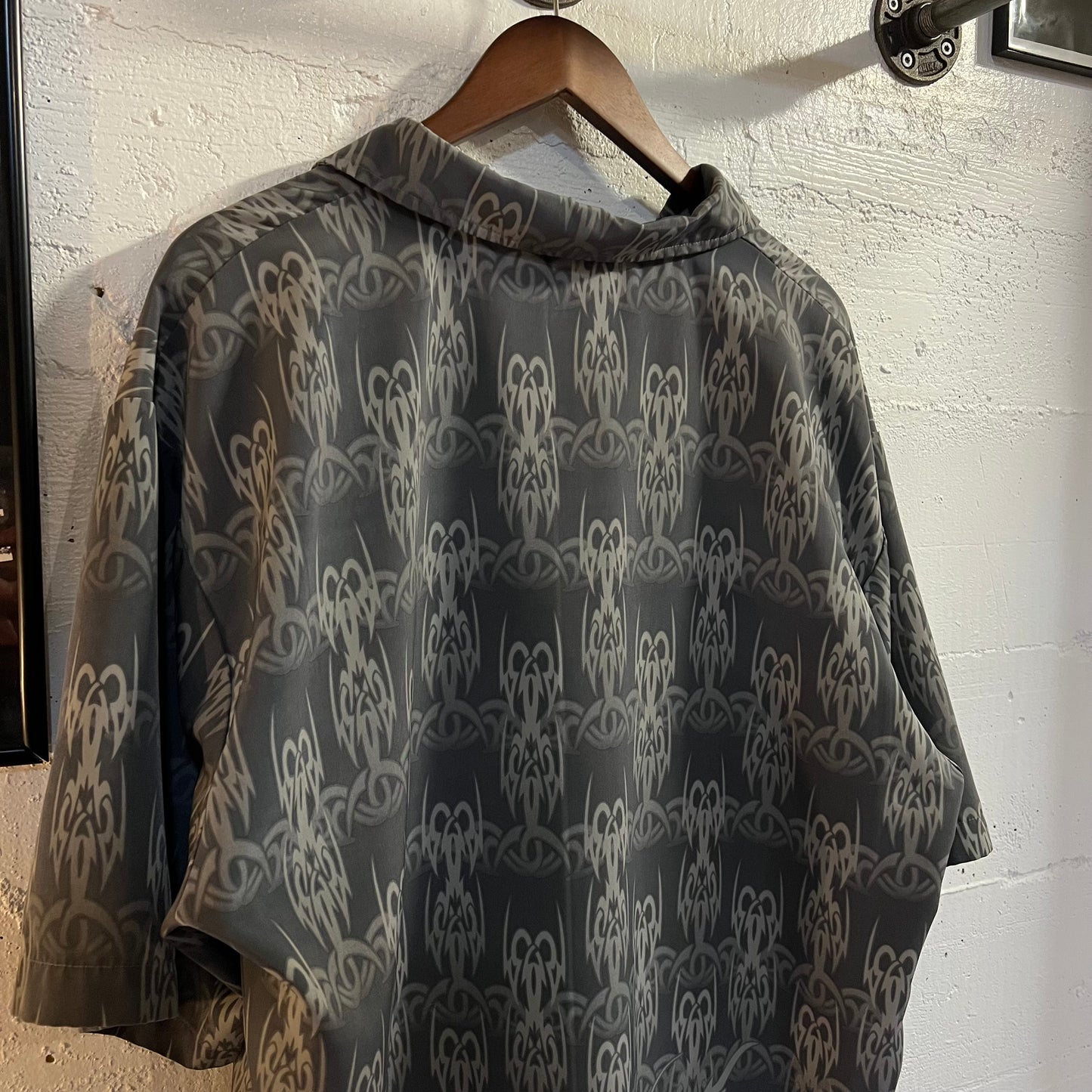 Vintage Y2K ODO Tribal Dragon All Over Print Camp Shirt - Size XL - Gray/Blue/Black