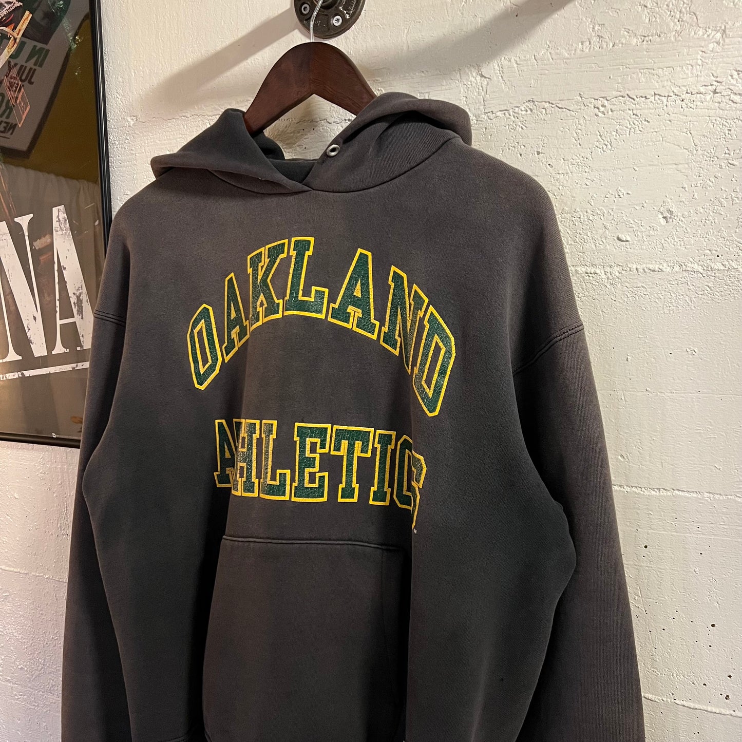 Vintage 90’s Faded Nutmeg Mills Oakland Athletic MLB Hoodie Sweatshirt - Size Large - Made In USA - Black/Green/Yellow