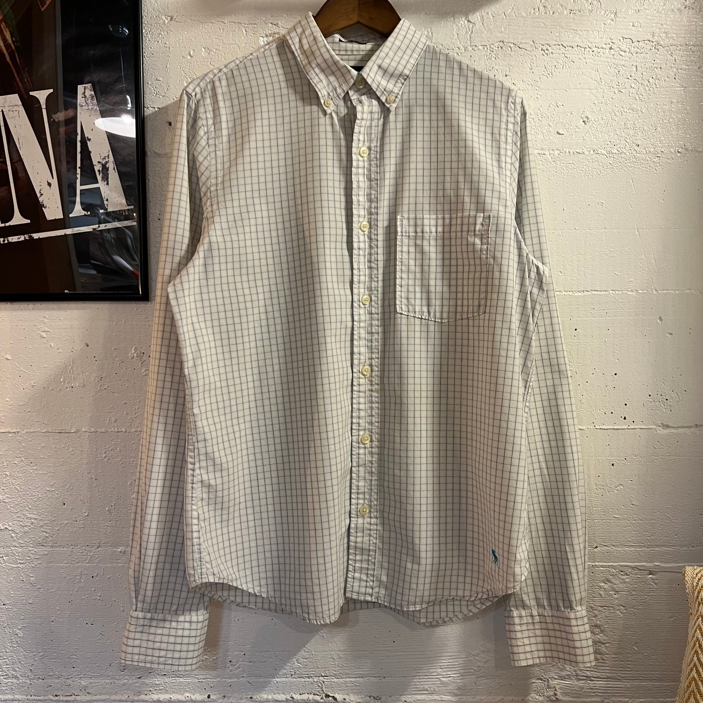 Vintage 2000’s Abercrombie & Fitch Windowpane Plaid Muscle Button Down Long Sleeve Shirt - Size Large - White/Blue