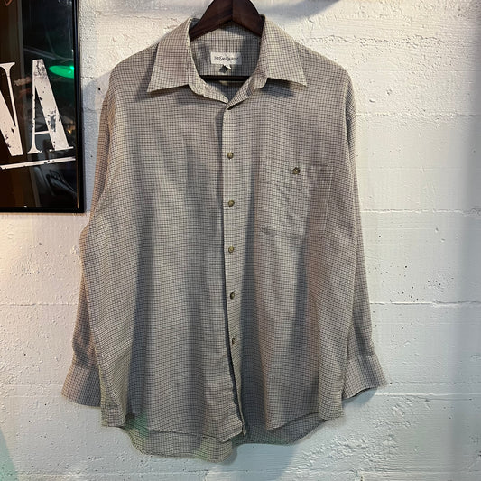 Vintage 90's Yves Saint Laurent Plaid Style Button Up Shirt - Size Large (16.5-32/33) - Off-White/Tan/Black