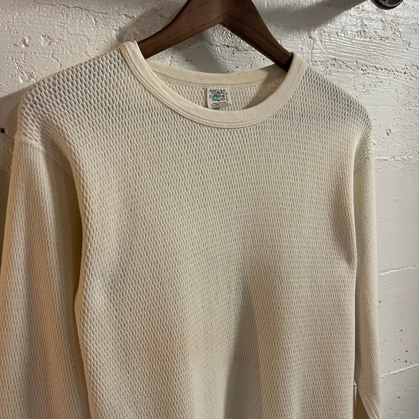 Vintage 1970’s Distressed K-Mart Waffle Knit Long Sleeve Thermal Shirt - Size Medium - Made In USA - Antique White