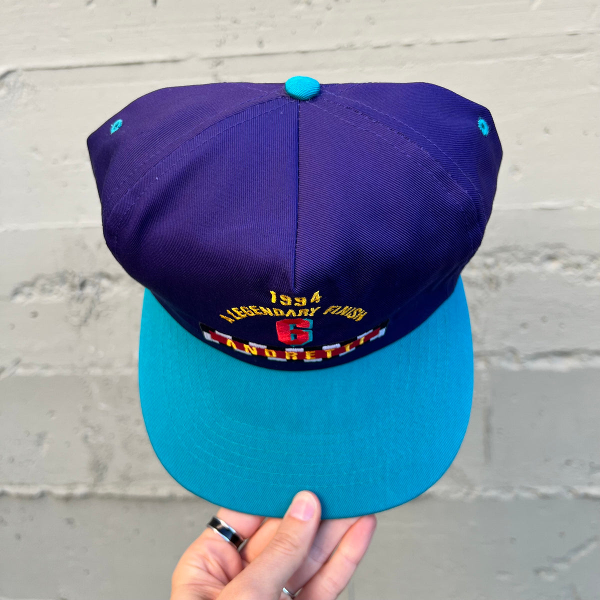 Vintage 1994 Mario Andretti #6 Texaco Racing 'A Legendary Finish' Embroidered 2-Tone Snapback Hat - O/S - Purple/Teal