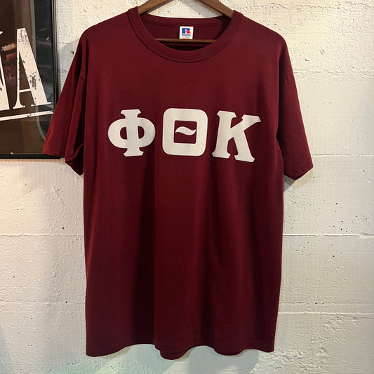 Vintage 80's Russell Athletic Felt 'Phi Theta Kappa' Graphic T-Shirt - Size Large - Made In USA - Maroon/White