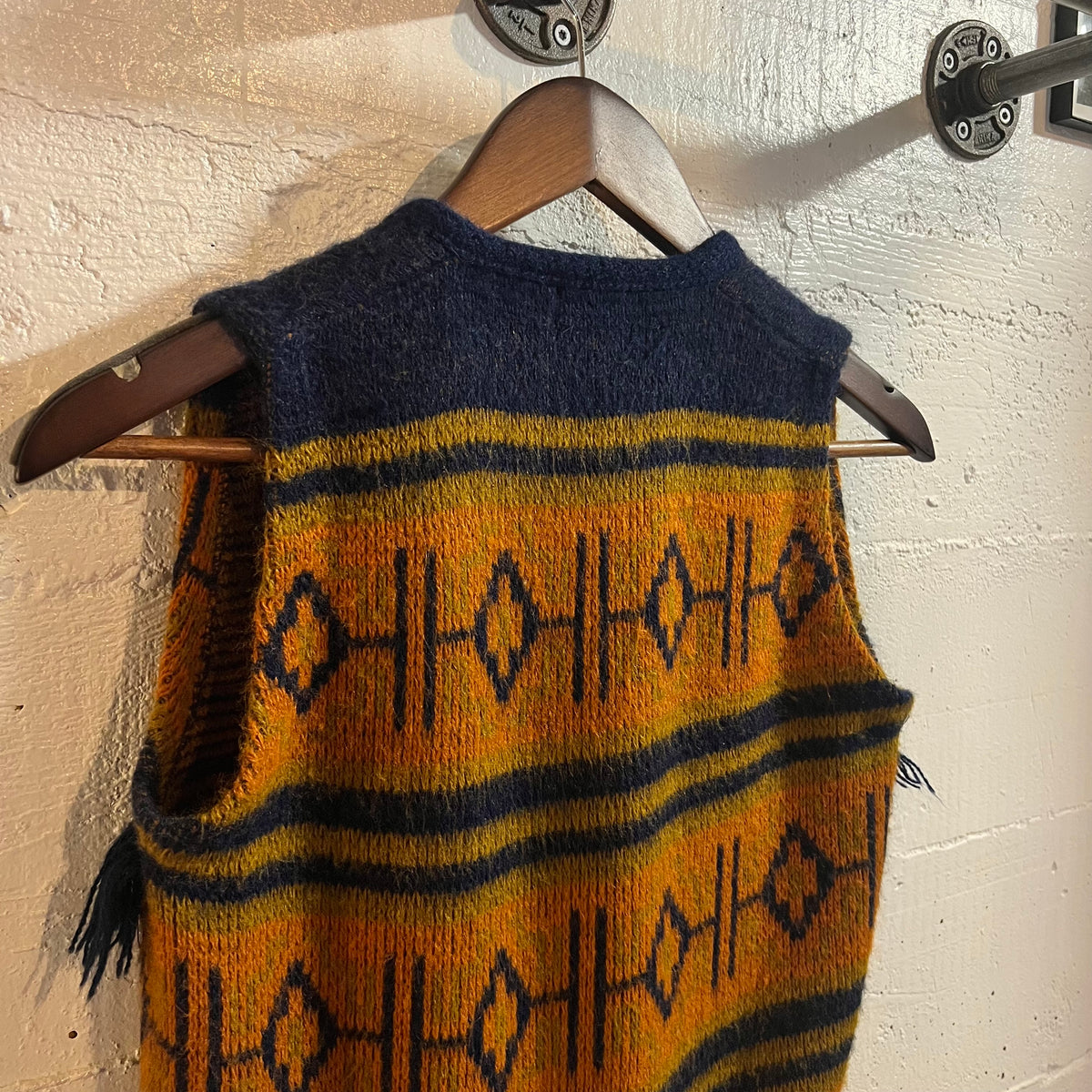 Vintage 70’s Sears Student Southwestern Serape Sweater Vest - Size Youth Large - Made In USA - Orange/Mustard/Navy