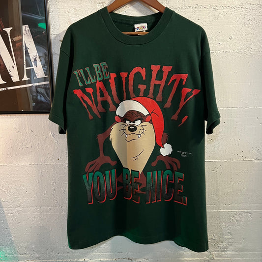 Vintage 1995 Looney Tunes Taz Christmas 'Naughty List' By Freeze NY Single Stitch Graphic T-Shirt - Size Large - Made In USA - Green