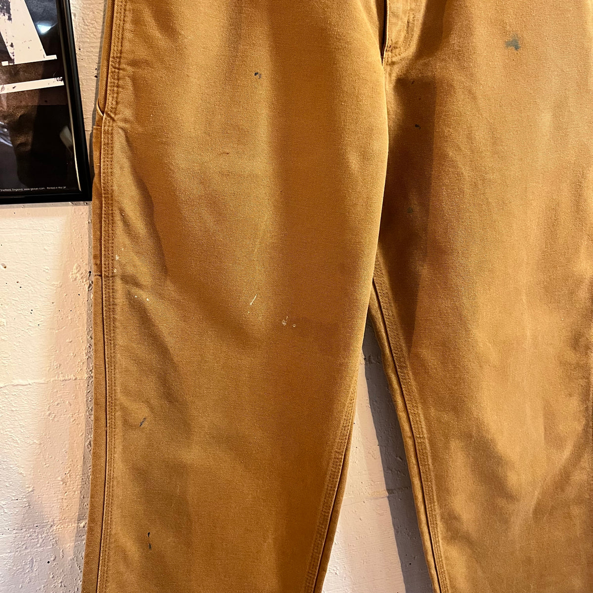 Distressed Carhartt Duck Canvas Original Dungaree Fit Carpenter Work Pants - Size 32" x 29" - 100% Cotton - Tan - B11-BRN