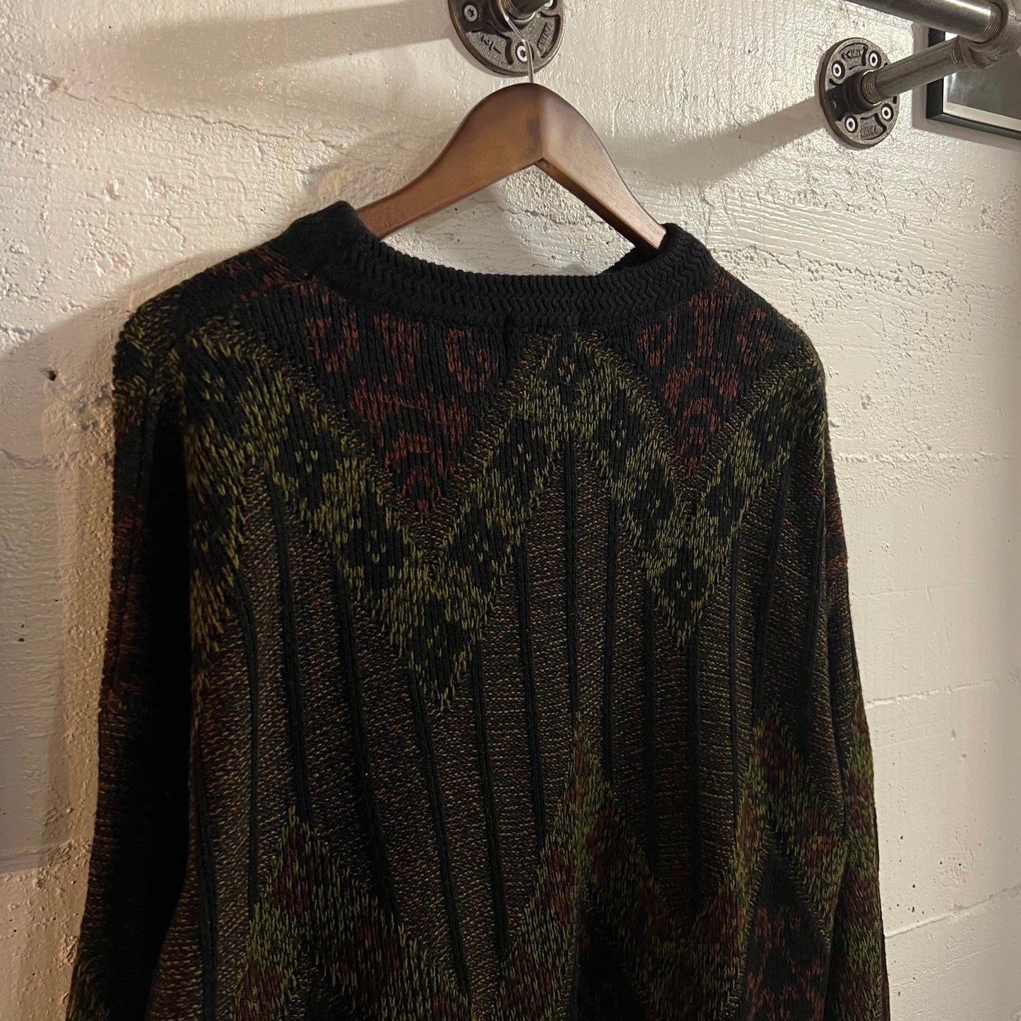 Vintage 90’s Robert Bruce Geometric Patterned Knitted Sweater - Size XL - Made In USA - Black/Red/Olive Green
