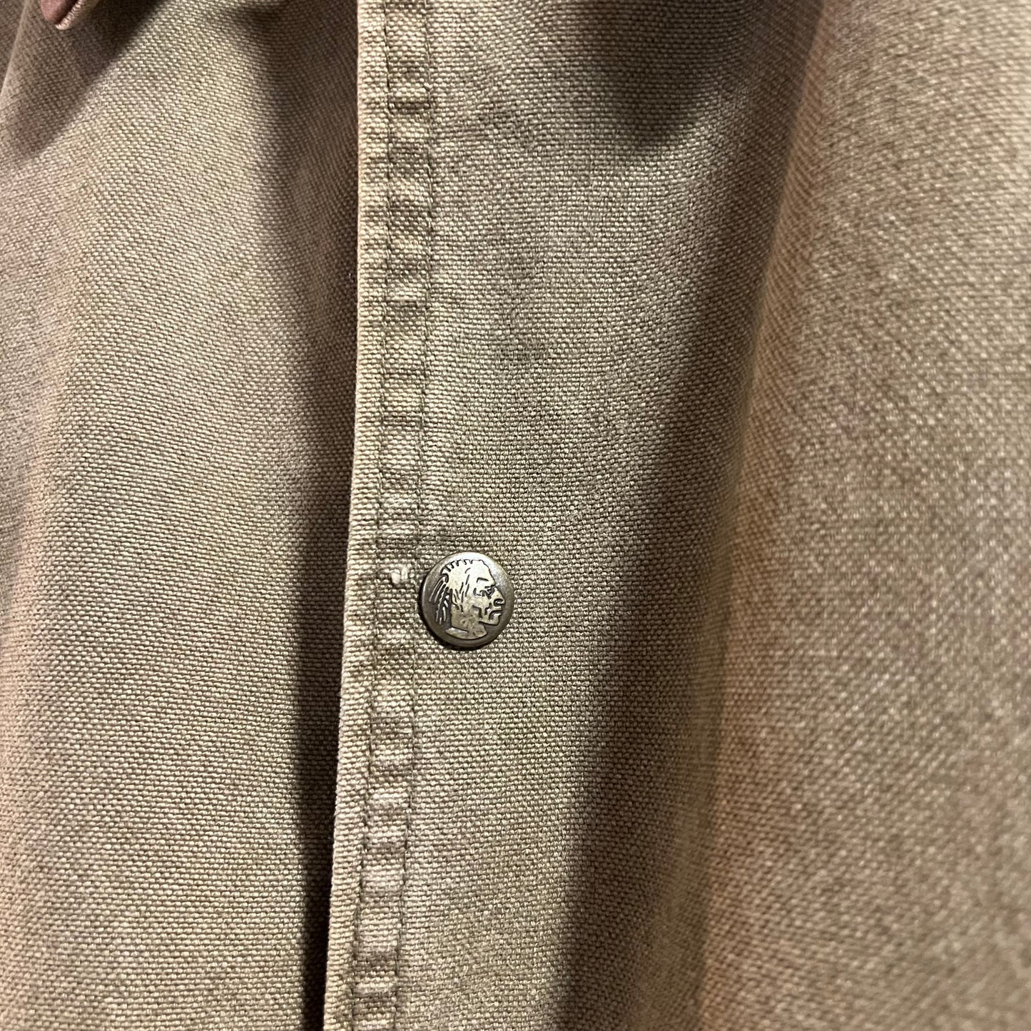 Vintage 90's Woolrich Aztec Lined Leather Collar Barn Coat - Size Large - Made In USA - Tan/Khaki