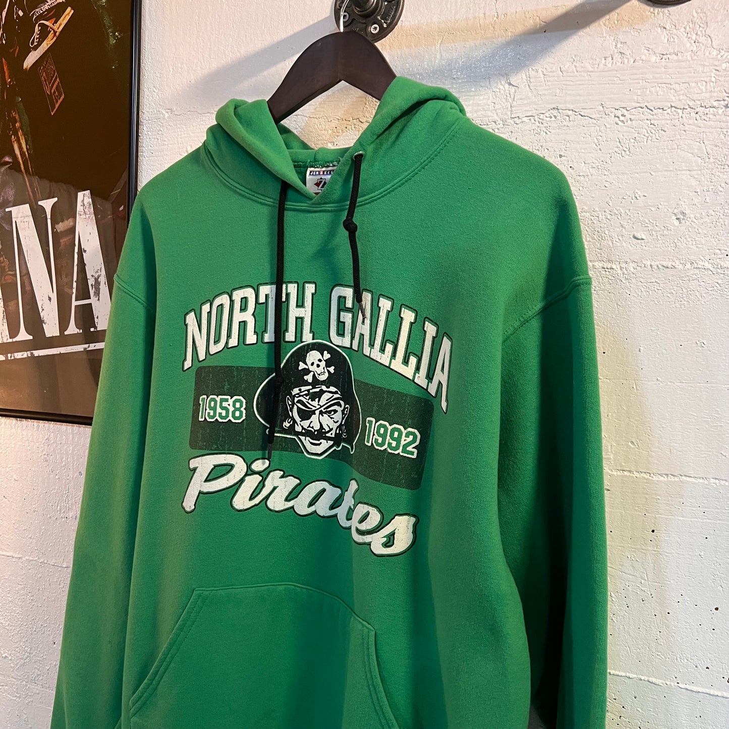 Vintage 90's North Gallia Pirates Hoodie Sweatshirt - Size Large - Kelly-Green/White/Black