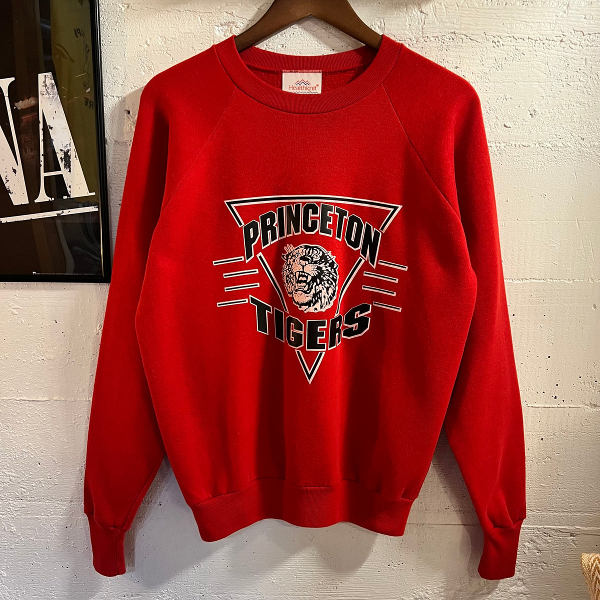 Vintage 80’s Healthknit Princeton Tigers Raglan Sleeve Crewneck Sweatshirt - Size XL - Made In USA - Red/Black/White