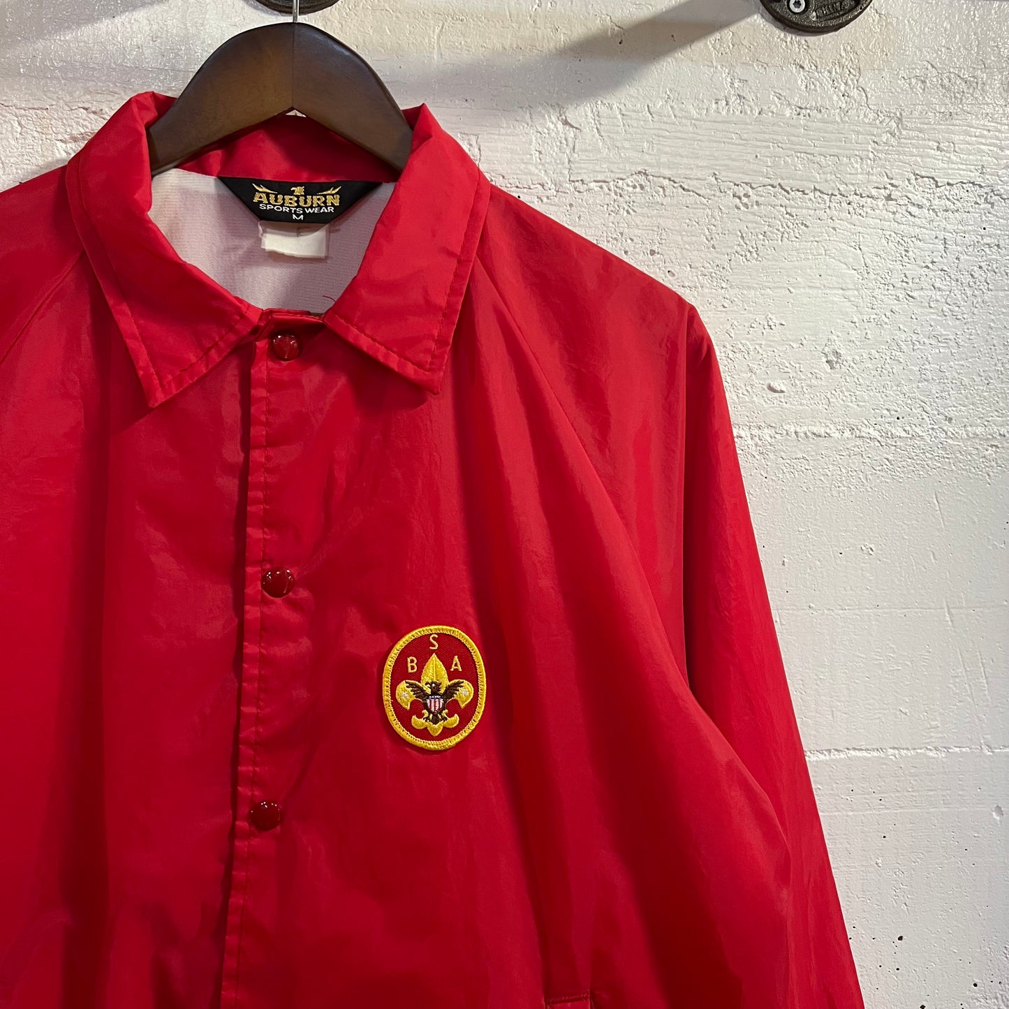 Vintage 1980's Boy Scouts Of America Patch Nylon Coaches Jacket - Size Medium - Made In USA - Red