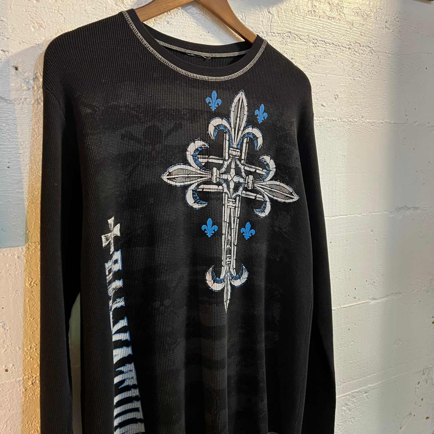 Vintage Y2K Fleur-De-Lis Salvation Cross Thermal Long Sleeve Shirt - Size Large - Black/Blue