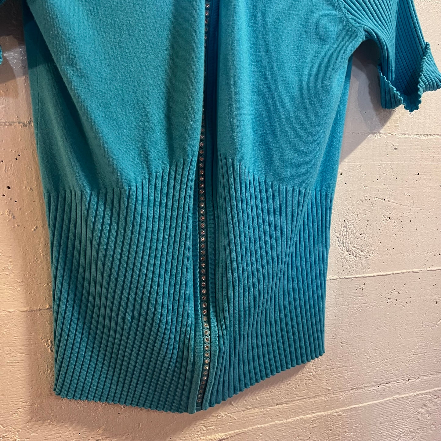 Belldini Bedazzled Zipper Short Sleeve Knitted Sweater - Size Large - Blue