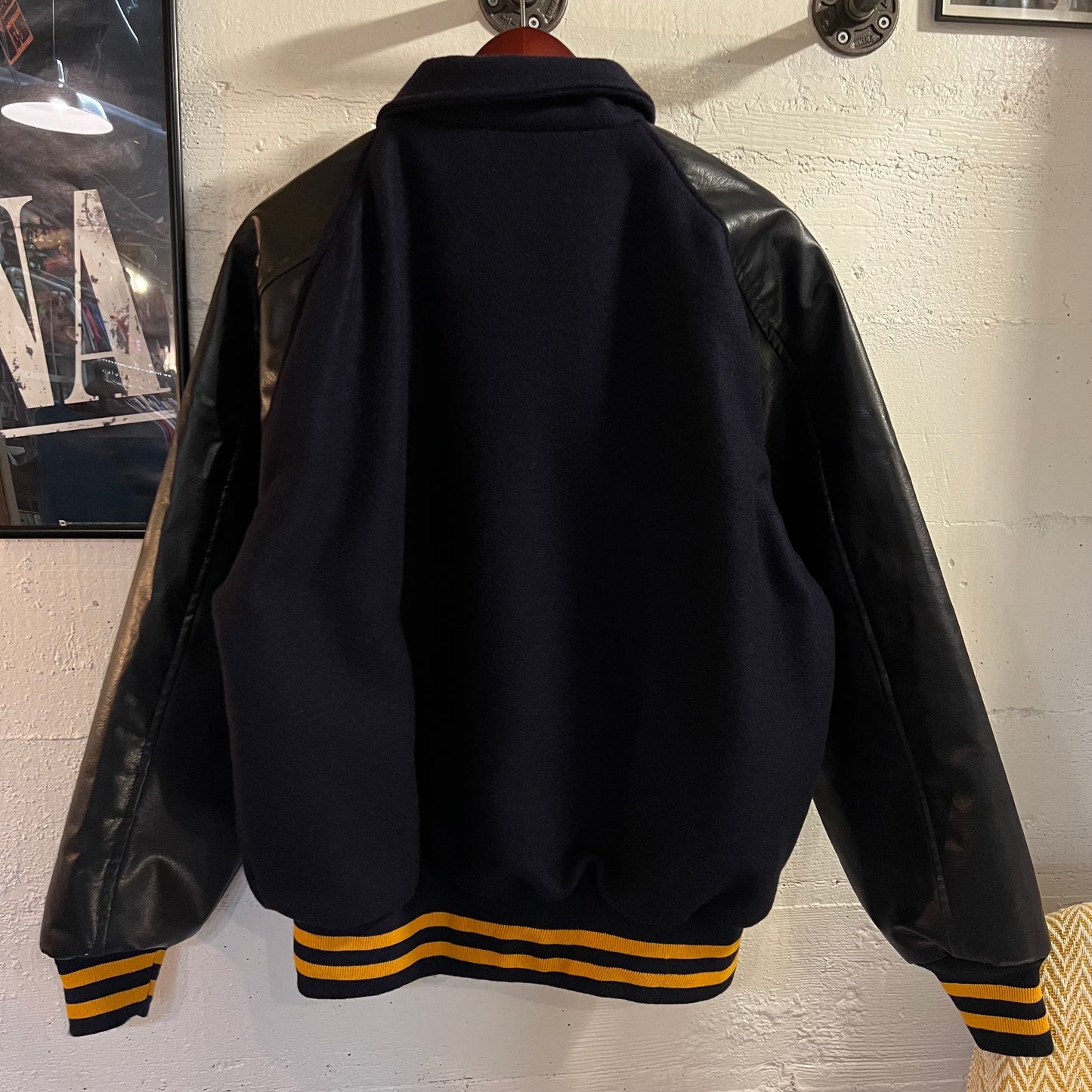 Vintage 1970's Awards USA Naugalite Wool Varsity Jacket - Size Large - Made In USA - Navy/Gold