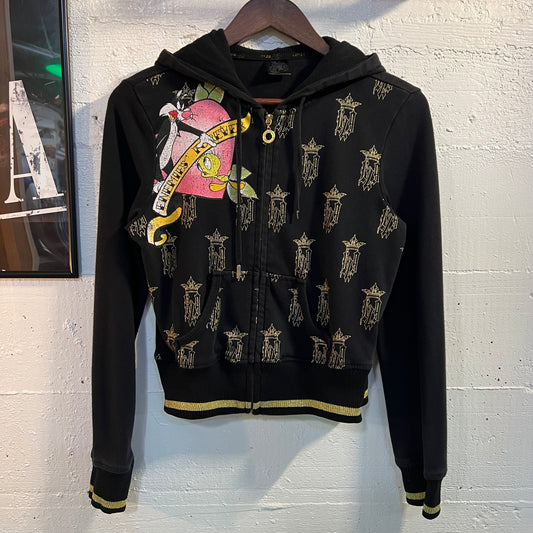 Vintage Y2K Lot29 Looney Tunes Sylvester & Tweety 'Enemies Forever' Mini Hoodie - Size Small - Black/Gold