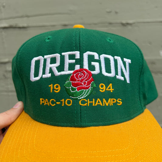 Vintage 90's University Of Oregon Ducks 1994 Rose Bowl Pac-10 Champs Embroidered Wool Snapback Hat - O/S - Green/Yellow