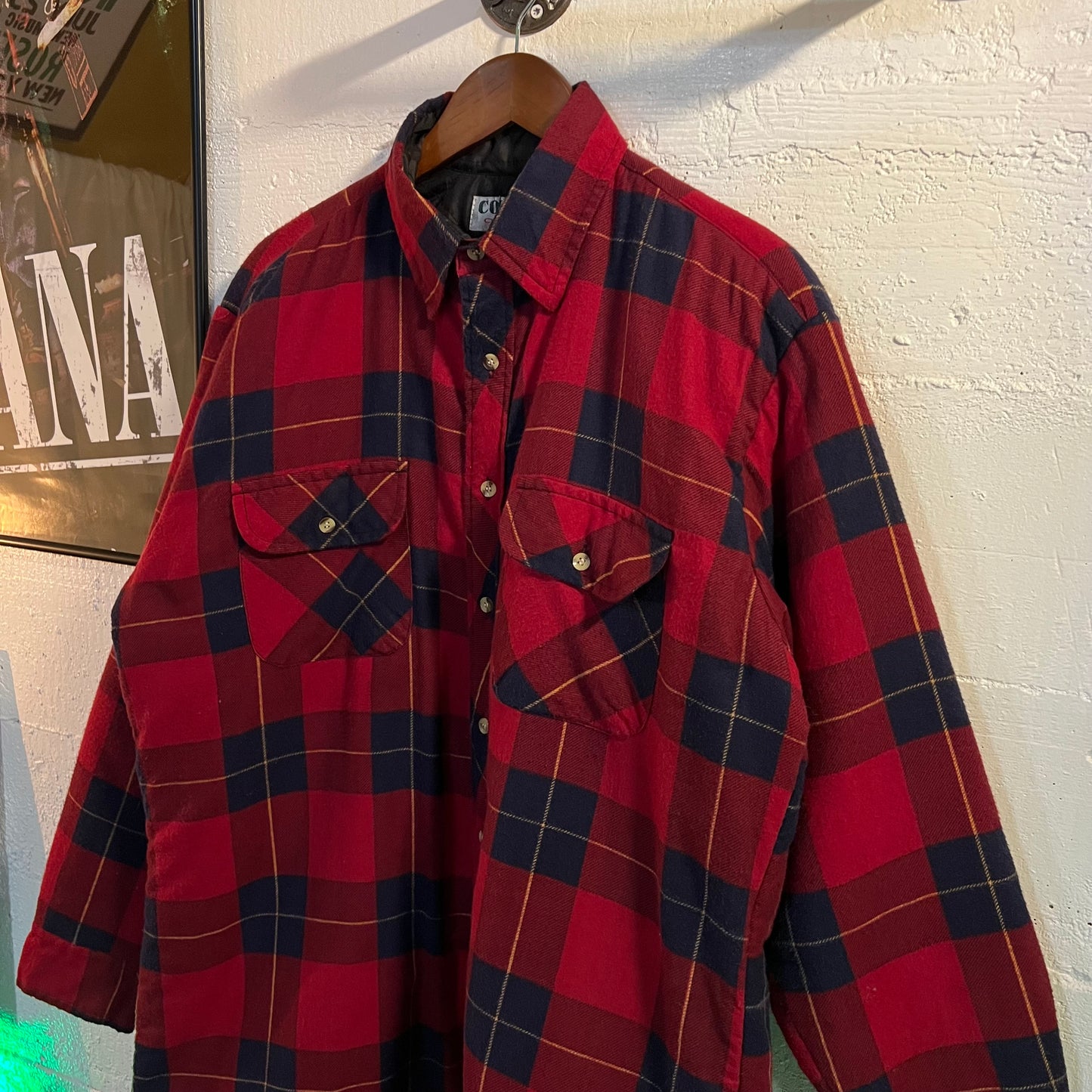 Vintage 90's Quilted Heavyweight Plaid Flannel Overshirt - Size Large - Maroon/Navy Plaid