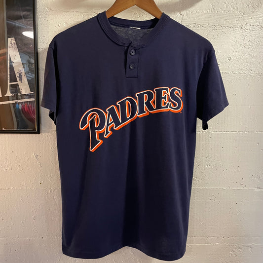 Vintage 90's San Diego Padres Majestic Short Sleeve Henley T-Shirt - Size Small - Navy/Orange