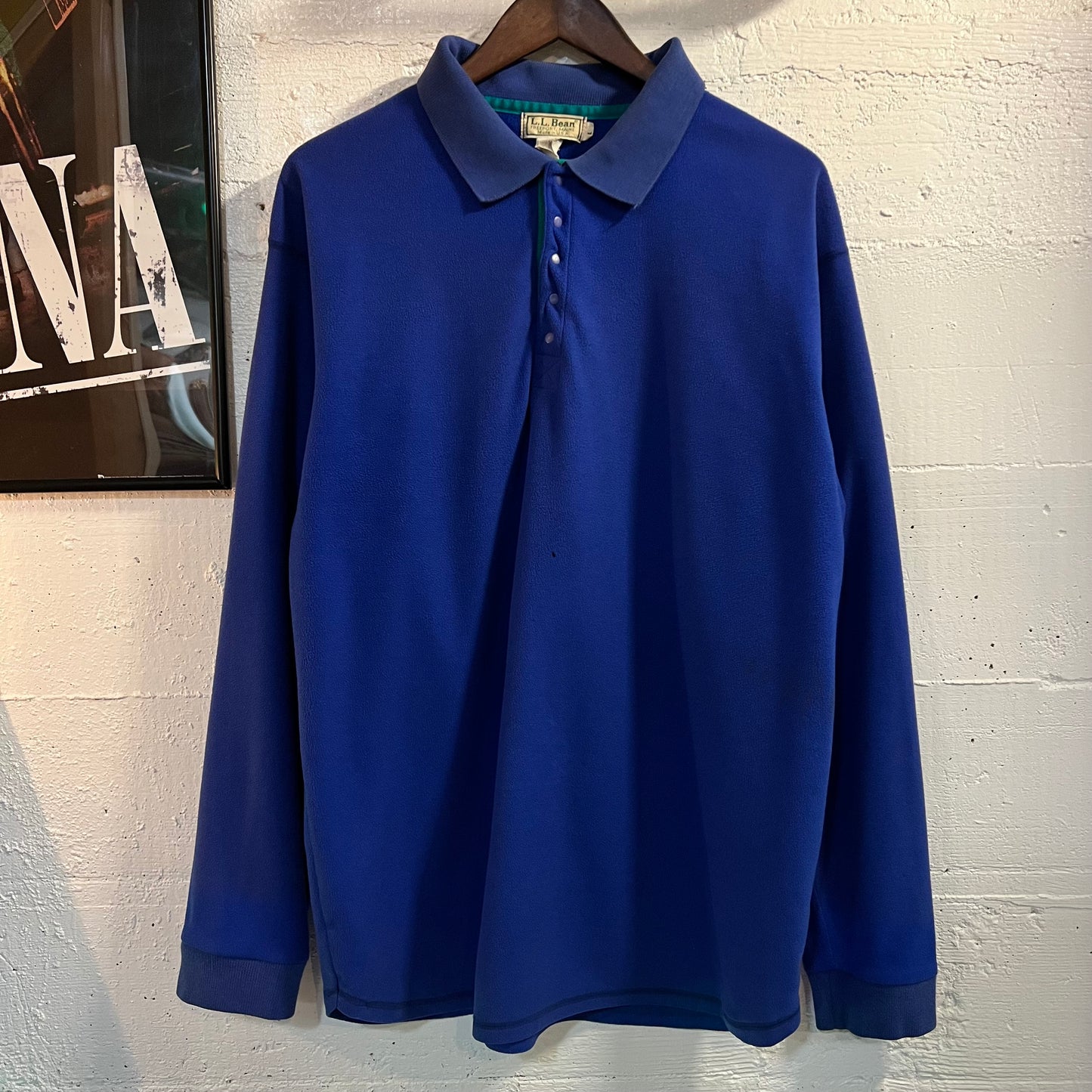 Vintage 80's L.L. Bean Fold Down Collar Pullover Snap Fleece Overshirt - Size Large - Made In USA - Blue/Green