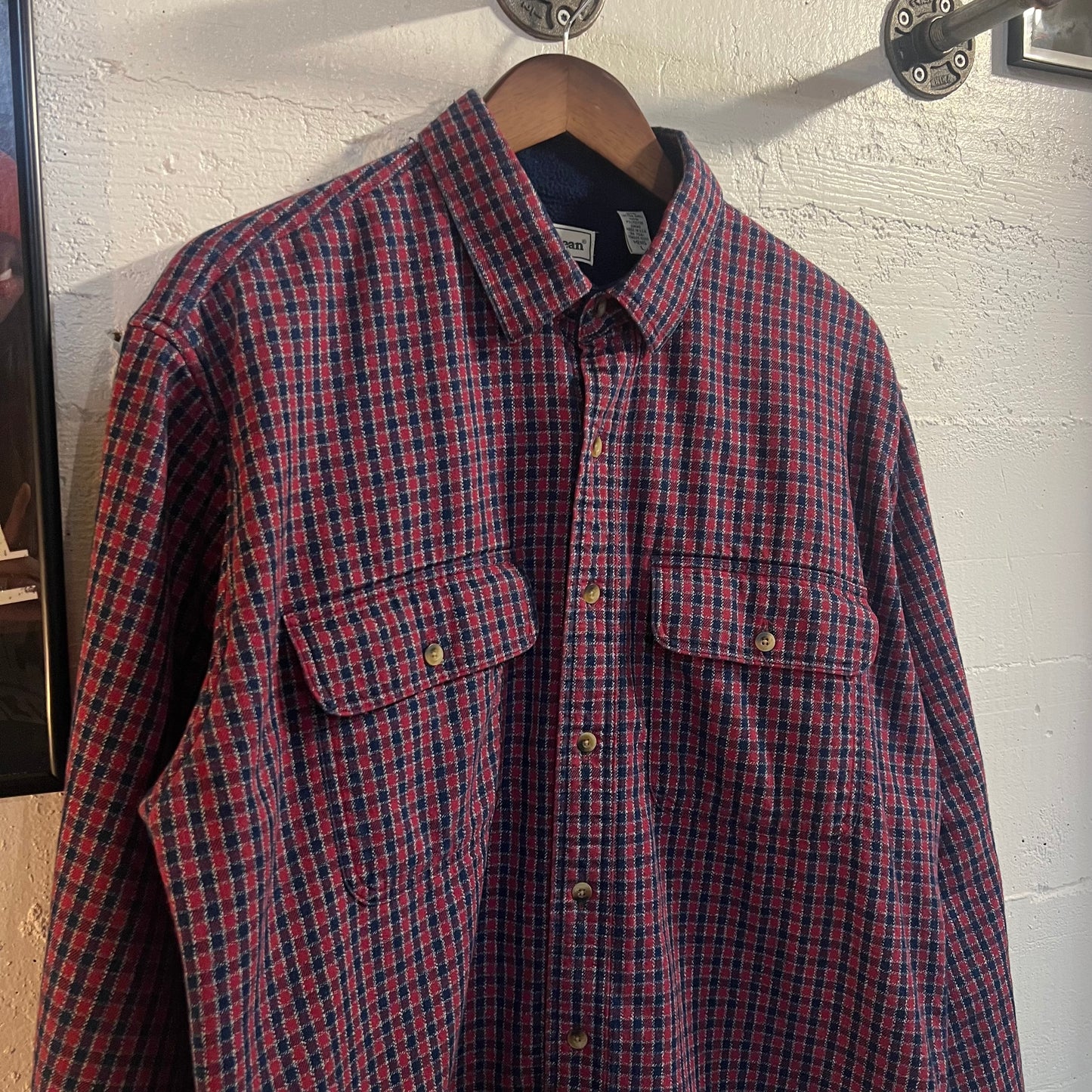 Vintage L.L. Bean Fleece Lined Plaid Flannel Shirt Jacket - Size Large - Made In USA - Red/Blue