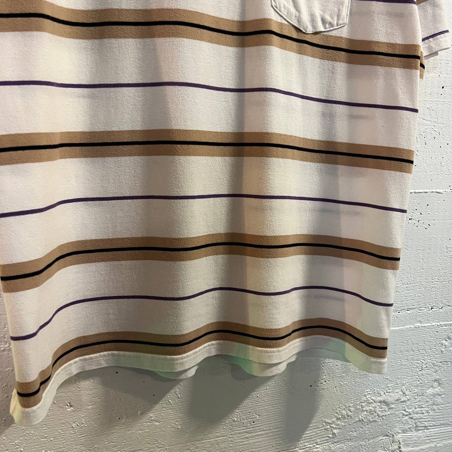 *Pre-Owned* Stüssy Embroidered Logo Striped Pocket T-Shirt - Size Medium - White/Beige/Violet