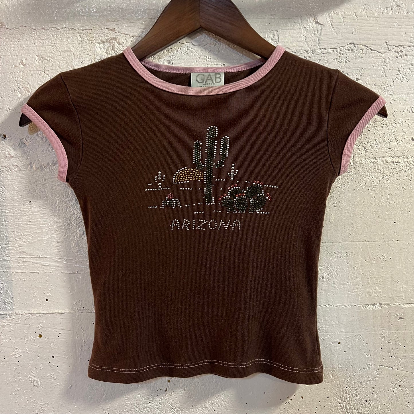 Vintage 2000's Arizona Studded Baby Tee - Size XS - Made In USA - Brown/Pink