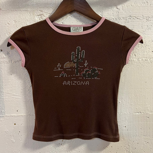 Vintage 2000's Arizona Studded Baby Tee - Size XS - Made In USA - Brown/Pink