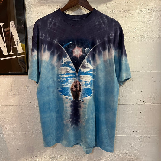 Vintage 1986 Jenshus Tie Dye Cosmic Zipper Single Stitch T-Shirt - Size Large - Made In USA - Blue/Light-Blue