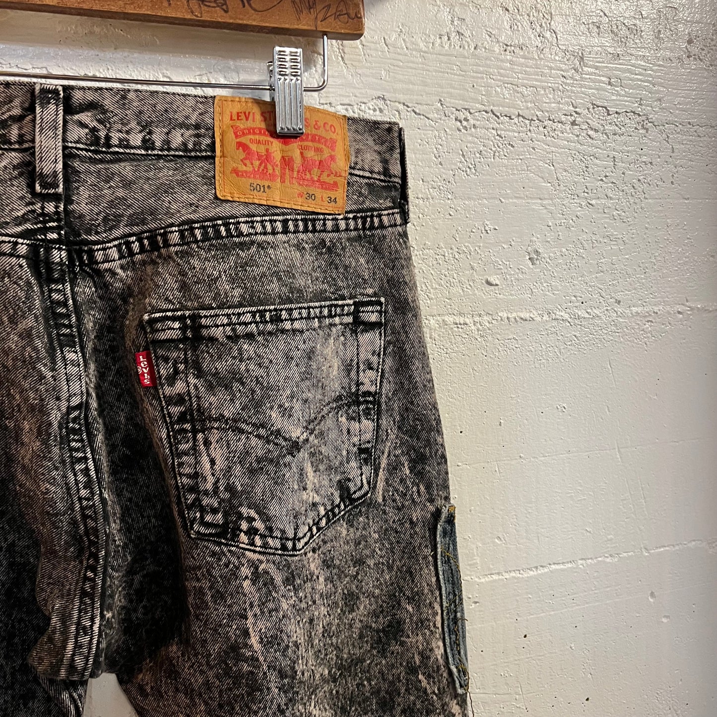 Reworked Levi's 501 Acid Wash Denim Jeans - Size 30 x 34 - Black