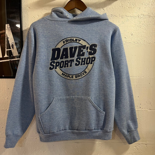 True Vintage 70’s Russell Athletic Dave’s Sport Shop Hoodie Sweatshirt - Size Small - Made In USA - Heather Blue/Navy/Grey