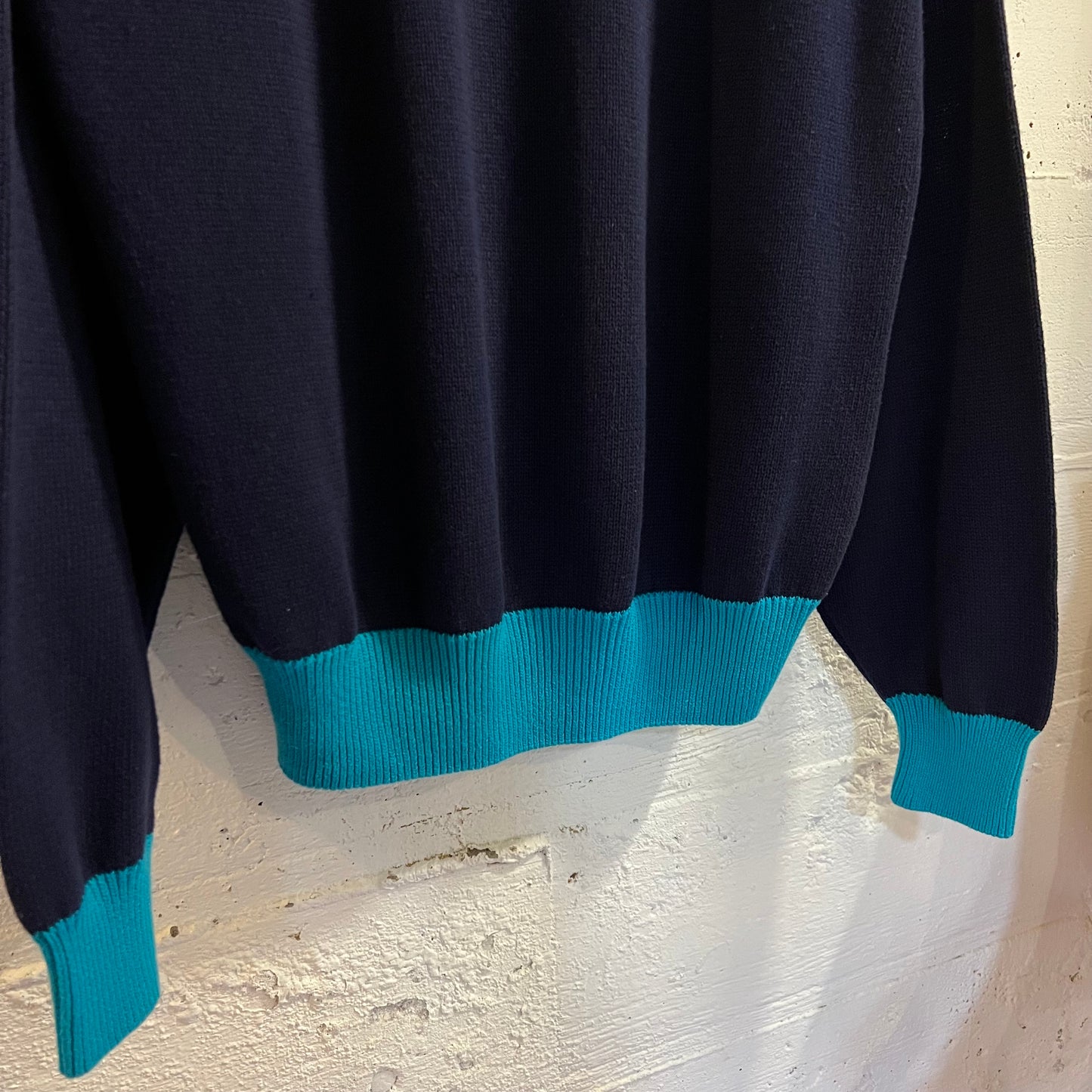 Vintage 80’s Mark Scot Geometric Plaid Pattern Knitted Sweater - Size Large - Navy/Turquoise/Pink/White