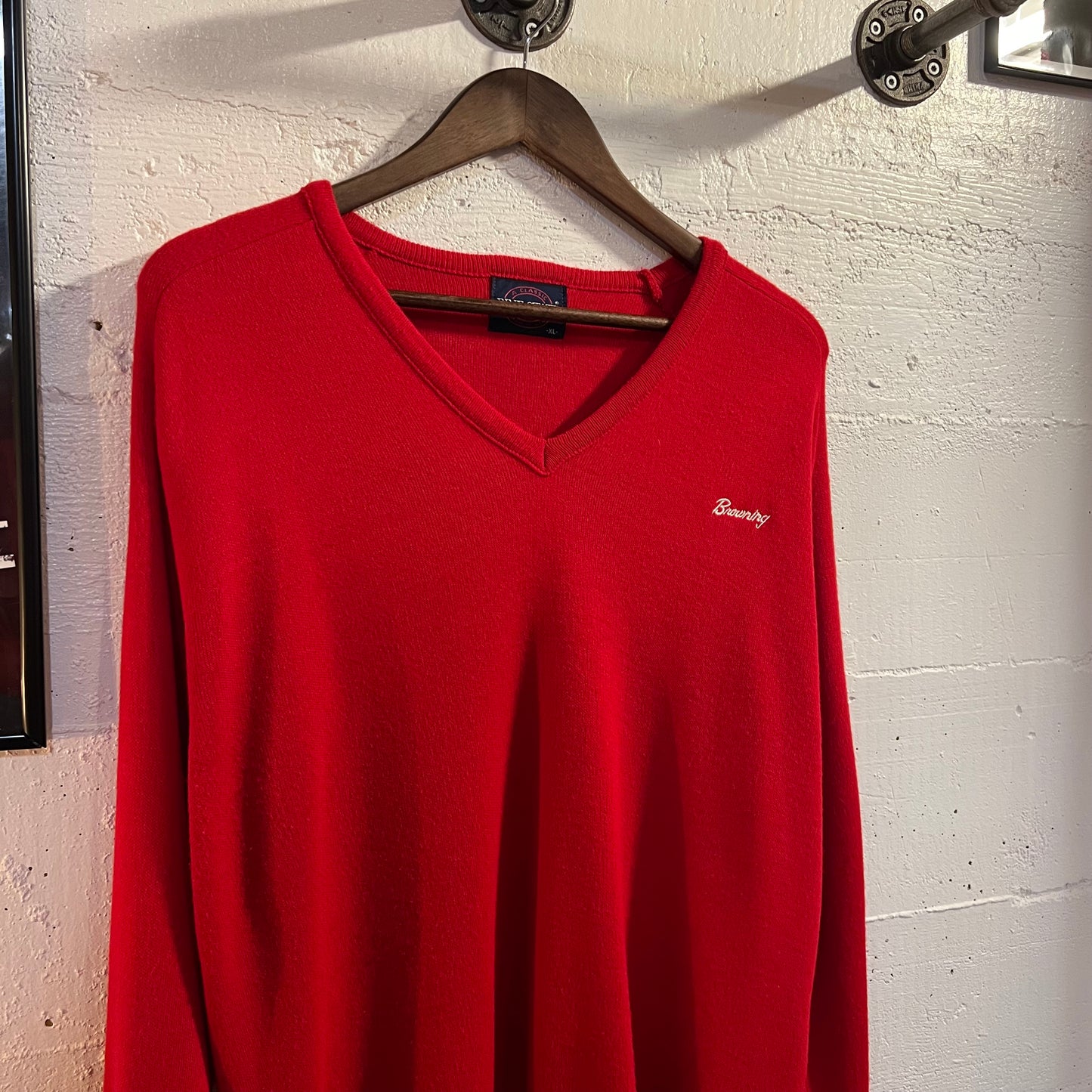 Vintage 90's Browning Embroidered Pine State V-Neck Sweater - Size XL - Made In USA - Red