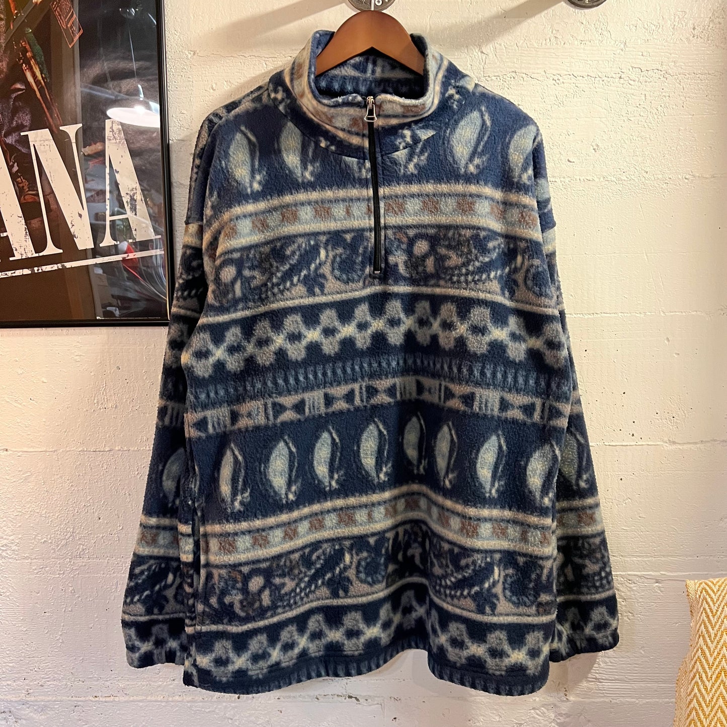 Vintage 90's Abstract All Over Pattern Half Zip Pullover Fleece Jacket - Size Medium - Blue/Navy/Gray